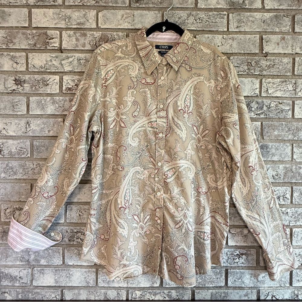 Chaps Tan and Pink Bishop Sleeve Blouse
